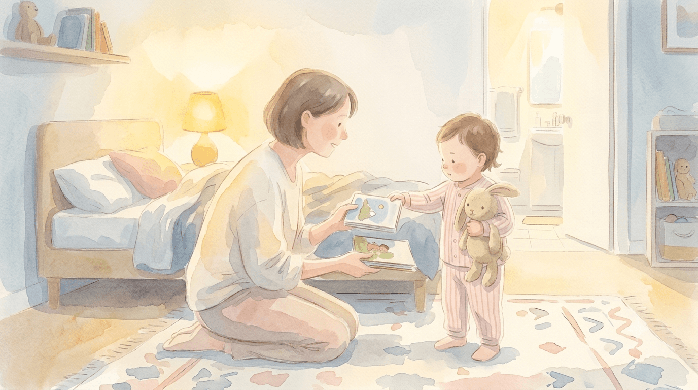 Watercolor illustration of a toddler bedtime routine: parent offering books, toddler holding comfort toy