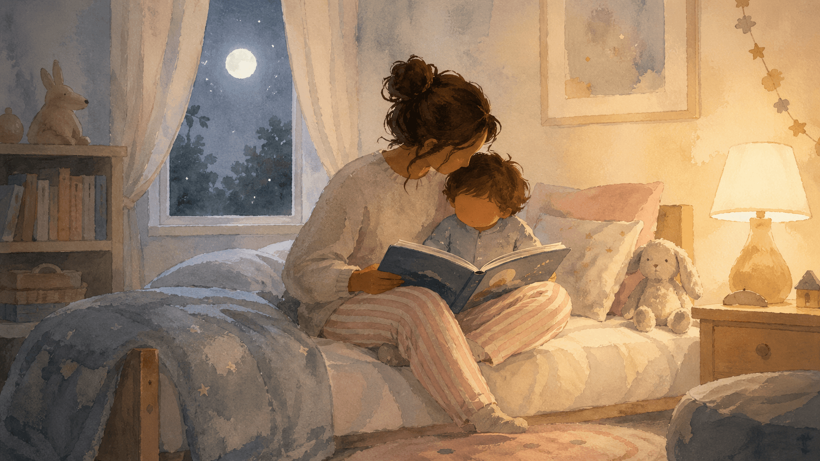 Watercolor illustration of a parent reading aloud to a young child at bedtime in a cozy bedroom with warm lamp glow