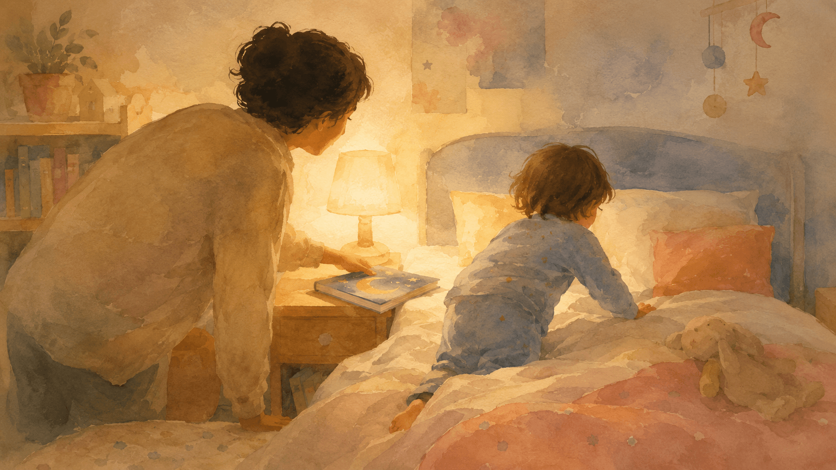 Watercolor illustration of a bedtime reading routine: parent and child with a book in cozy lamp light